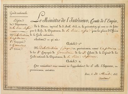 null LOIRE-ATLANTIQUE. 1813. COUNT OF MONTALIVET.
BREVET of Captain of the 1st Company...