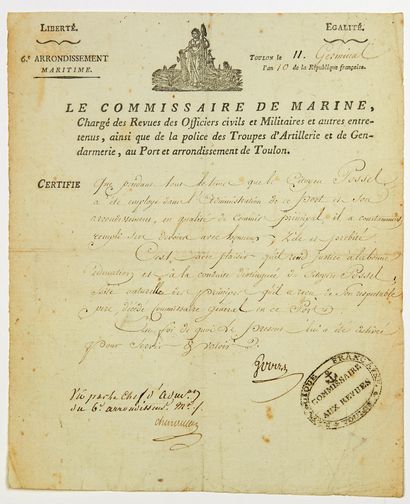 null MARINE. TOULON (83) 11 Germinal Year 10 (April 1, 1802) - Certificate established...