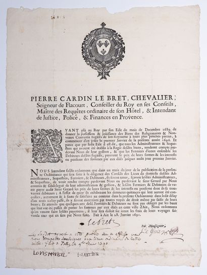 null PROTESTANTISM: "Pierre Cardin LEBRET, Chevalier, Seigneur de Flacourt, Intendant...