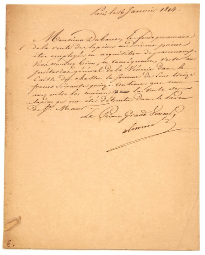 null PARK OF ST MAUR (94). 1814. HUNTING. Letter signed "Le Prince, Grand VENEUR,...