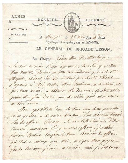 null General TISSON (Mathieu) Montpellier 1757 - 1825 - Letter
A.S. as Brigadier...