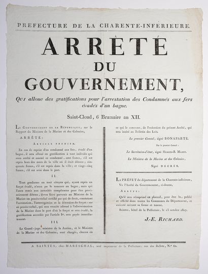null CHARENTE-MARITIME. BAGNE. "Decree of the Government which allocates Gratifications...