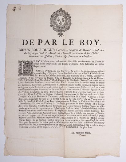 null FLANDERS. LILLE 1685. "De par le Roy" (Louis XIV), Order of Dreux Louis DUGUÉ...