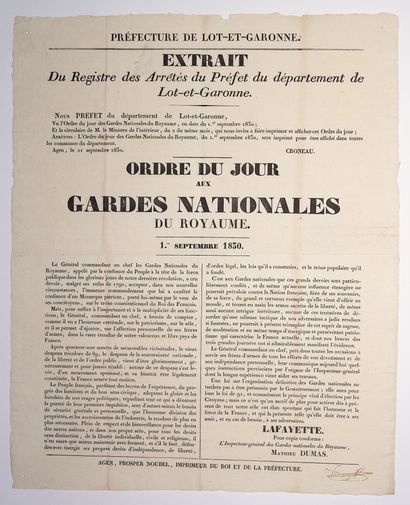 Général LA FAYETTE. 1830. LOT-ET-GARONNE. "Order of the Day of General LAFAYETTE,...