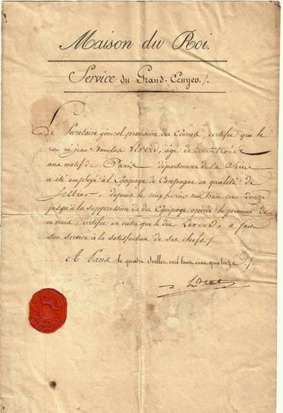 null SELLIER OF THE EMPIRE. Certificate of the "MAISON DU ROI, Service du Grand Écuyer",...