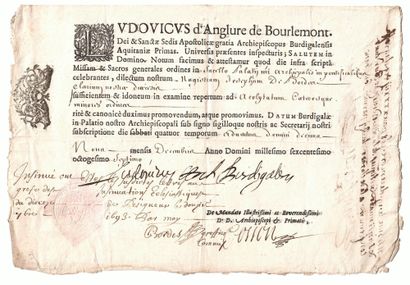 null ARCHBISHOPRIC OF BORDEAUX (33). 2 pieces Dimissoires for the Tonsure in favor...