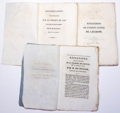 Louis de BONALD Viscount, Deputy of AVEYRON (Millau 1754 - 1840). 3 printed booklets...