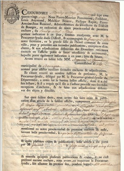 null CHER. 1791. Sale of the NATIONAL PROPERTY - Minutes of adjudication of a house...