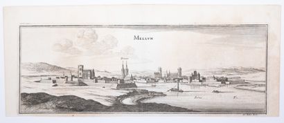 null SEINE ET MARNE. MELUN : "Mellun" The city in its ramparts, on the Seine. Engraving...