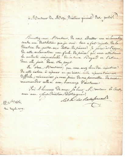 null POST. Duke of LAROCHEFOUCAULD. Letter signed "the Duke of La Rochefoucauld",...