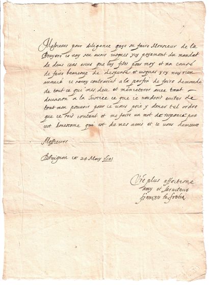 null AVIGNON (ÉTAT DU PAPE) 24 May 1601. Lettre signée François
DE FORTIA, Seigneur...