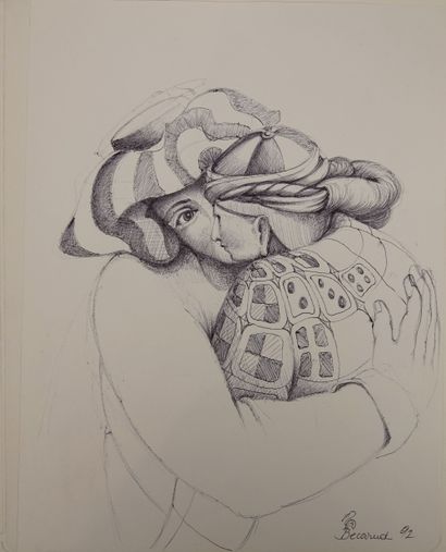 null Gérard Becarud (1948-), 
The Embrace, 1992, 
Ballpoint pen drawing with black...