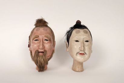 null JAPON, 
Ensemble de deux têtes de marionnette,
Bois polychrome, 
H. de l'une...