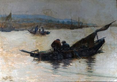 null Jean-François RAFFAELLI (Paris, 1850-1924)
Fishermen in the moonlight
Oil on...