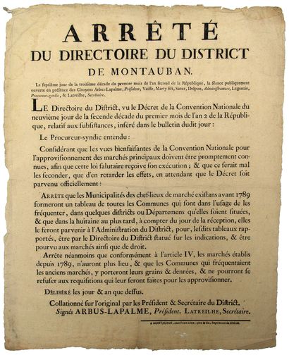 null TARN ET GARONNE. 1793. Arrêté du Directoire du district de MONTAUBAN du 7° jour...