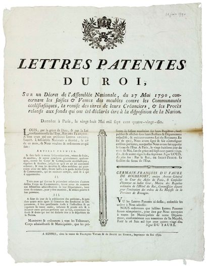 null BRETAGNE. 1790. (ABOLITION DU CLERGÉ RÉGULIER.) 
”Lettres patentes du Roi, sur...