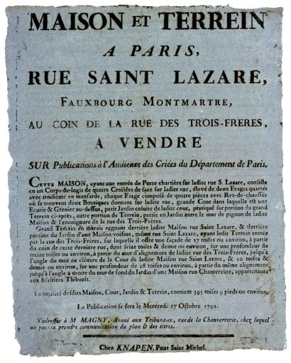null PARIS. 1792. « Maison et Terrain à Paris, Rue SAINT LAZARE, Faubourg MONTMARTRE,...