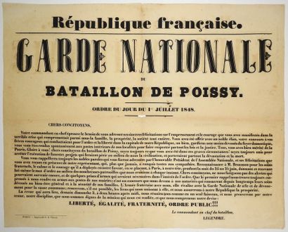 null YVELINES. 1848. « GARDE NATIONALE du BATAILLON de POISSY. » – Ordre du Jour...