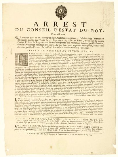 null LANGUEDOC. 1734. EXPORTATION DES GRAINS. “Arrest du Conseil d’État du ROY, du...