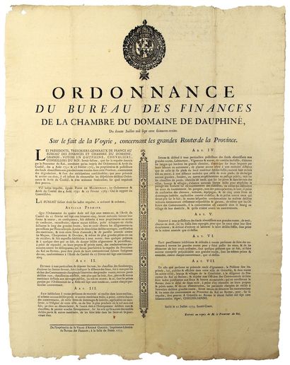 null DAUPHINÉ. 1773. GRANDES ROUTES. “Ordonnance du Bureau des Finances de la Chambre...