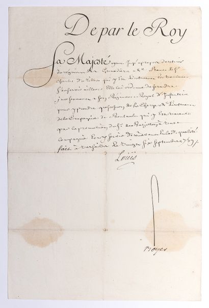 null GRENADIER DE FRANCE. ROYAL INFANTERIE. Pièce signée du Roi LOUIS XV (Secrétaire)...