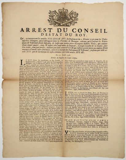 null ILLE-ET-VILAINE. 1738. TOILES DE BRETAGNE – «Arrest du Conseil d’Etat du Roy,...