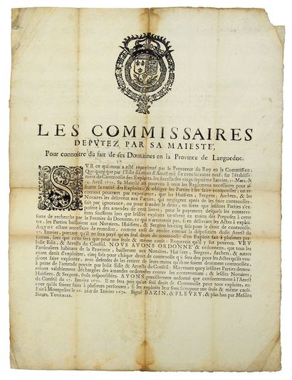 null LANGUEDOC. 1672. DROIT DE CONTRÔLE. MONTPELLIER (34). “Les Commissaires députés...