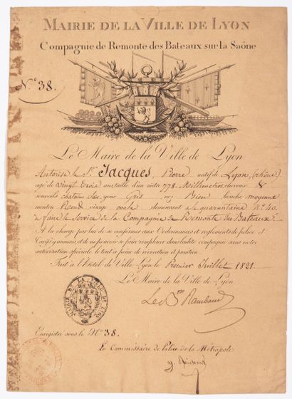 null LYON (69). BATELLERIE. Autorisation du Maire de Lyon, du 1er Juillet 1821, de...