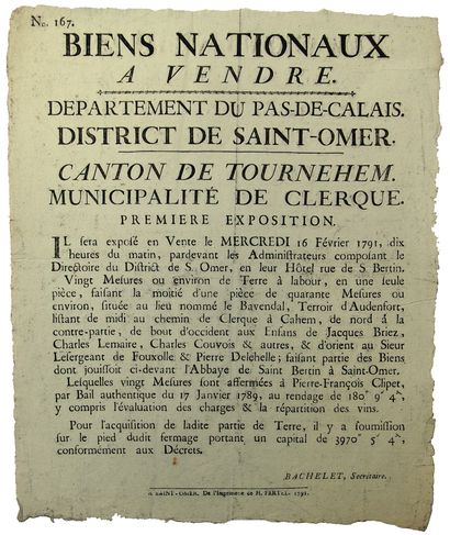 null PAS-DE-CALAIS. 1791. BIENS NATIONAUX à vendre. N°167. Canton de TOURNEHEM. Municipalité...