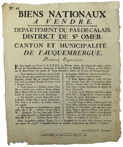null PAS-DE-CALAIS. 1791. BIENS NATIONAUX à vendre. N°26 - Canton et Municipalité...