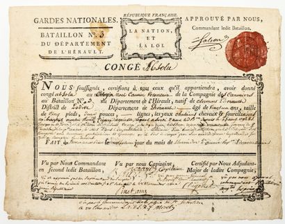 null « GARDES NATIONALES. Bataillon N°3 du Département de l’HÉRAULT. » 1794. Congé...