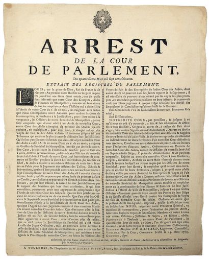 null TOULOUSE (31). 1760. Arrest de la Cour de Parlement (de Toulouse) du 14 mars...