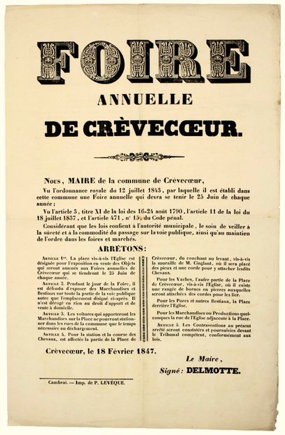 null NORD. 1847. « FOIRE ANNUELLE DE CRÈVECOEUR. » (CRÈVECOEUR SUR L’ESCAUT (59))...