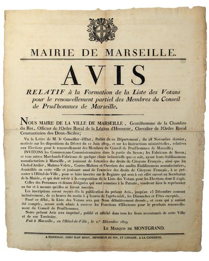 null MARSEILLE (13) 1er Décembre 1829. Avis du Maire Le Marquis de MONTGRAND, relatif...