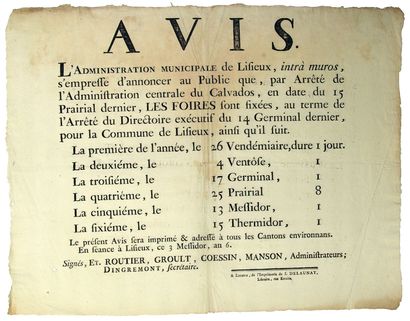 null CALVADOS. 1798. LISIEUX. FOIRES. AVIS de l’administration municipale de LISIEUX,...
