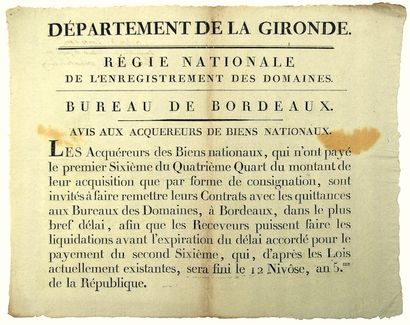 null GIRONDE. 1797. “Régie nationale de l’Enregistrement des Domaines. Bureau de...