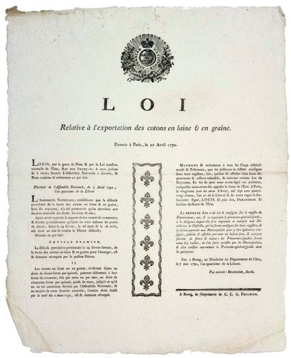 null AIN. 1792. “LOI relative à l’EXPORTATION DES COTONS en laine en graine.”. Donnée...