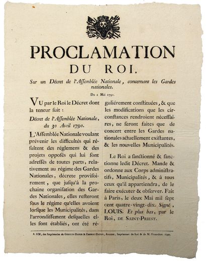 null GARDES NATIONALES. 1790. “Proclamation du Roi, sur un décret de l’Assemblée...