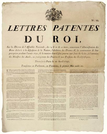 null PARIS. 1790. ABOLITION DU CLERGÉ RÉGULIER. “Lettres patentes du Roi, sur les...