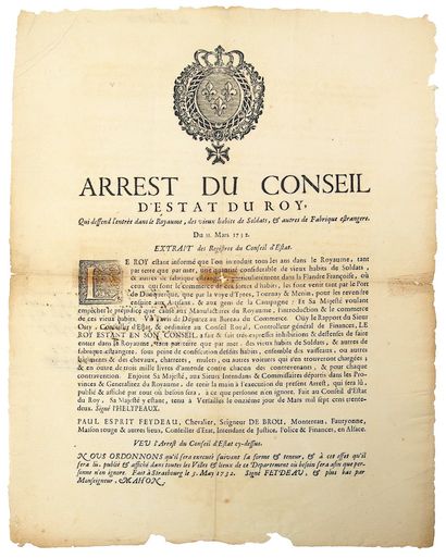 null ALSACE. 1732. HABITS DE SOLDATS. “Arrest du Conseil d’Estat du Roy, qui défend...