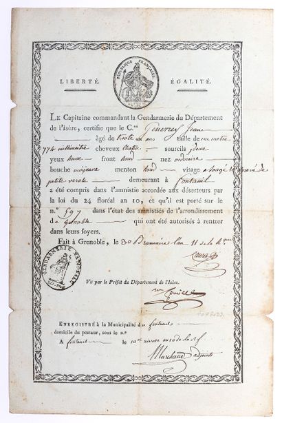 null GENDARMERIE. GRENOBLE (38) 30 Brumaire An 11 (21 Nov. 1802). Le Capitaine de...