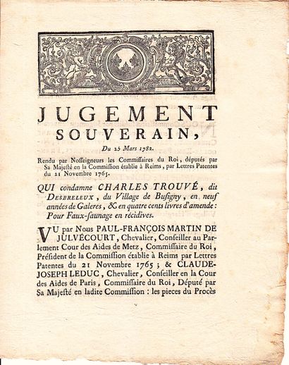 null MARNE. REIMS. 1782. SEL DE CONTREBANDE : « Jugement Souverain du 25 mars 1782,...