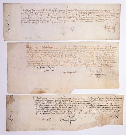 null HAUTE-GARONNE. TOULOUSE. 5 Chartes du XVe et XVIe s. : 1446, 1454, 1473, 1570,...