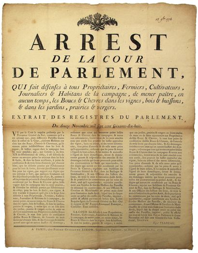 null BOUCS ET CHÊVRES. 1778. PARLEMENT DE PARIS. “Arrest de la Cour de Parlement,...