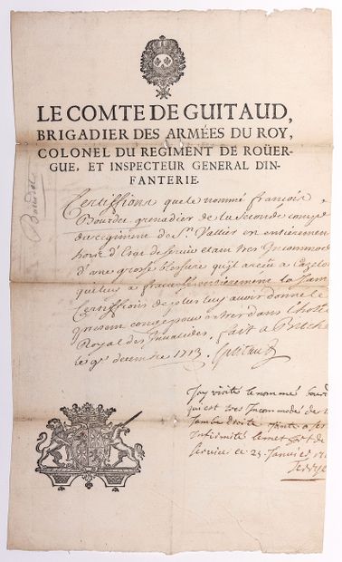 null ROUERGUE. Certificat signé Le Comte de GUITAUD, Brigadier des Armées du Roi,...