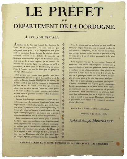 null DORDOGNE. 1815. Adresse du Colonel Baron de MONTUREUX, Le Préfet de la Dordogne,...