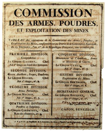 null MINES. 1794. PARIS. COMMISSION DES ARMES, POUDRES et Exploitation des MINES....