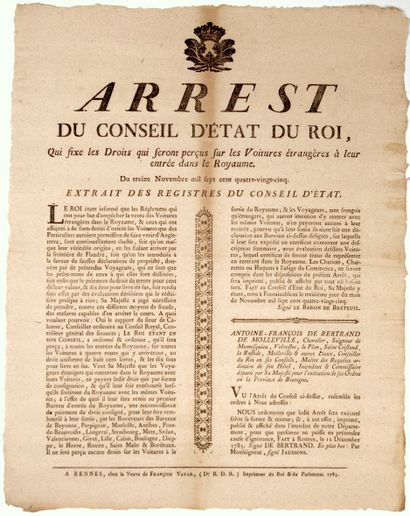 null ILLE-ET-VILAINE. 1785. DOUANE. Arrest du Conseil d’État du ROI (LOUIS XVI),...