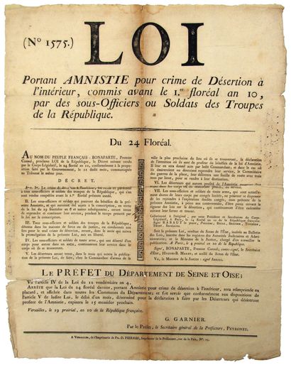 null SEINE-ET-OISE. 1802. BONAPARTE 1ER CONSUL – Loi portant AMNISTIE pour crime...