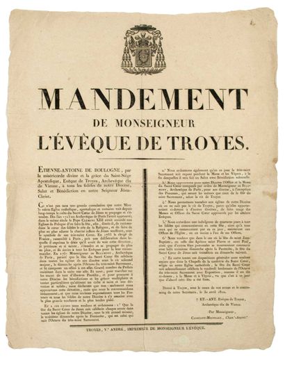 null AUBE. « MANDEMENT de Monseigneur L’ÉVÊQUE DE TROYES. » (Étienne-Antoine de BOULOGNE)....